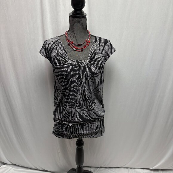 Worthington Zebra Print Stretch Top Womens Size Large Black Gray Short Sleeve - Picture 1 of 8
